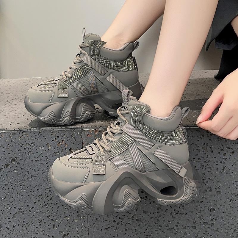 Thick-soled high-top dad shoes New leather rhinestone casual sports shoes in autumn