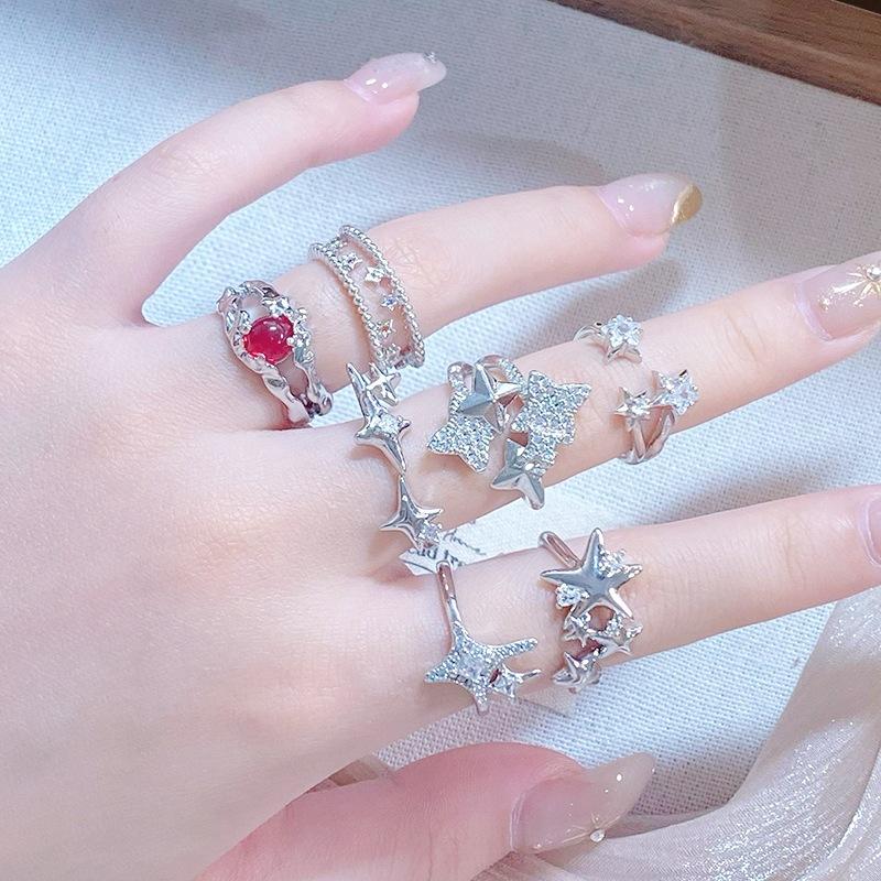 Quadrangram Star Sparkling Diamond Zir*****Pen Ring Personality Sweet Cool Star Niche Ring Woman