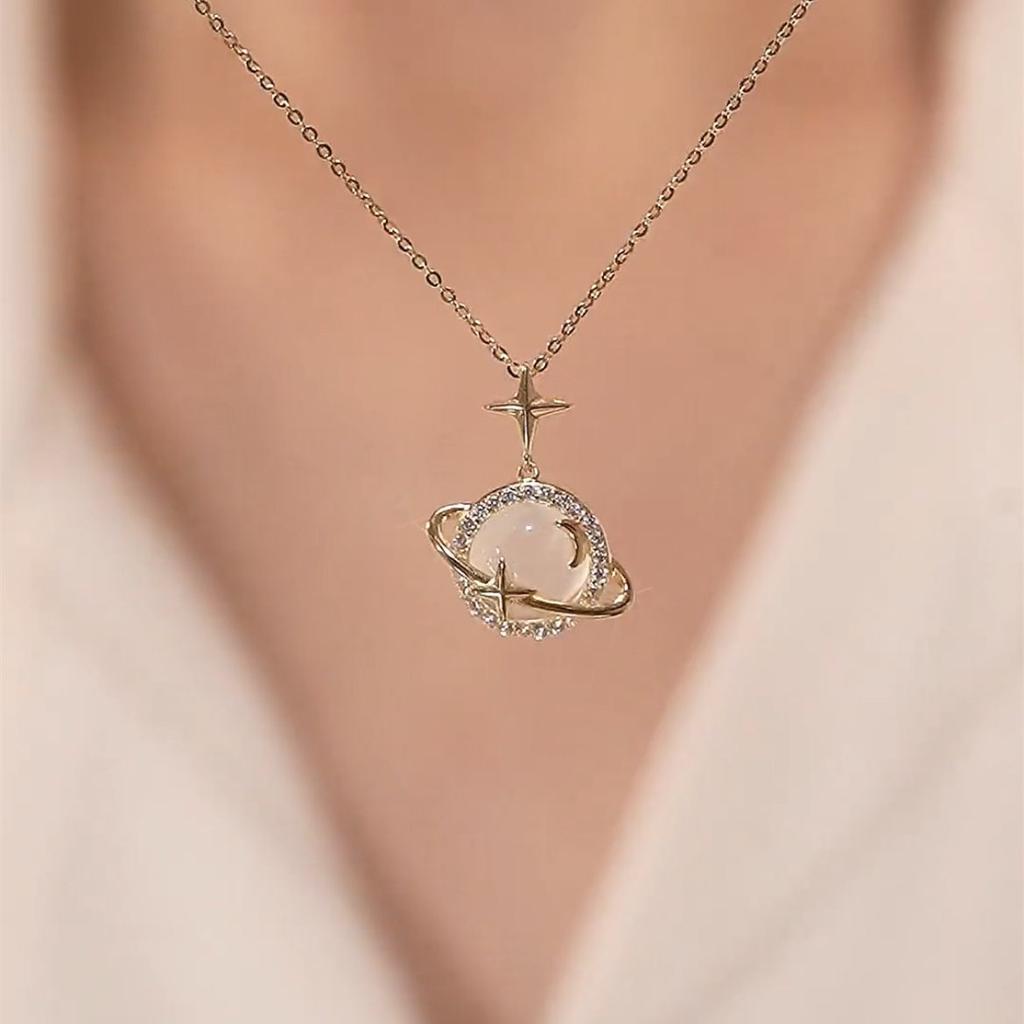 Ins Style Star Planet Moon White Chalcedony Pendant Necklace 925 Silver Chain Light Jewelry for Women