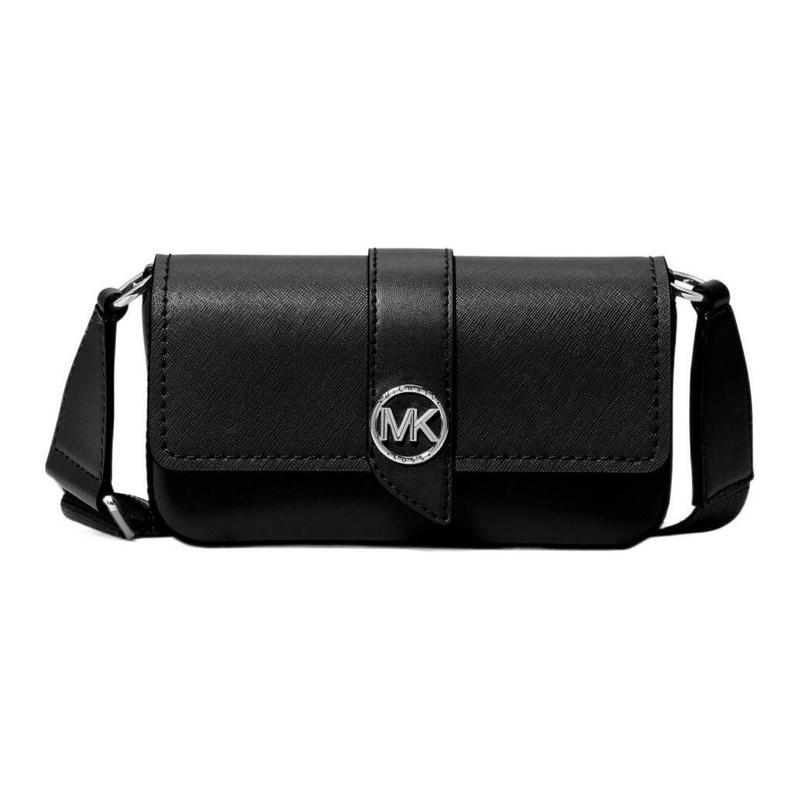 MICHAEL KORS Greenwich Silver Round Logo Long Flap Saffiano Leather Shoulder Crossbody Bag Extra Small Women Black