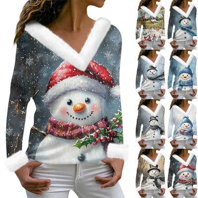 Women's T Shirt Tee Christmas Shirt Long Sleeve Party Christmas Print Fleece Collar V Neck Top