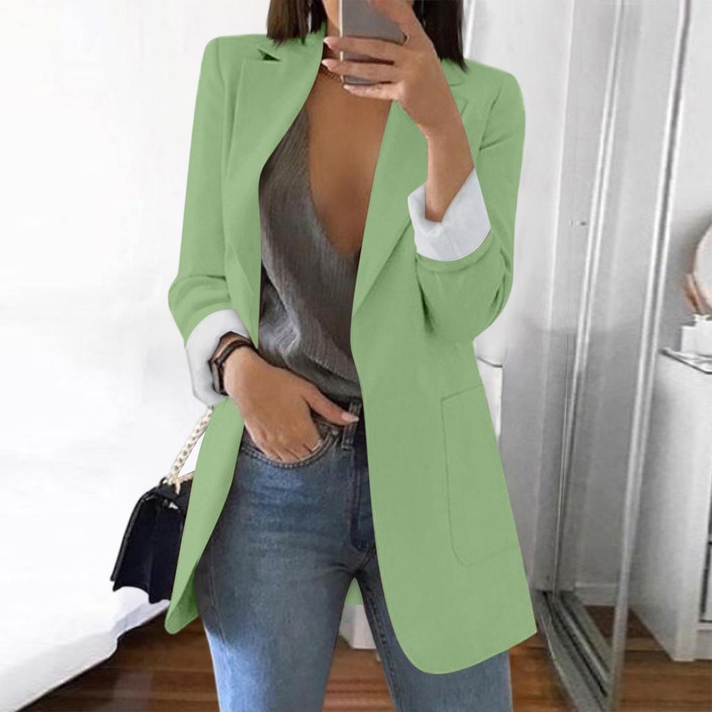 Women Solid Open Front Pockets Cardigan Formal Suit Long Sleeve Blouse Coat