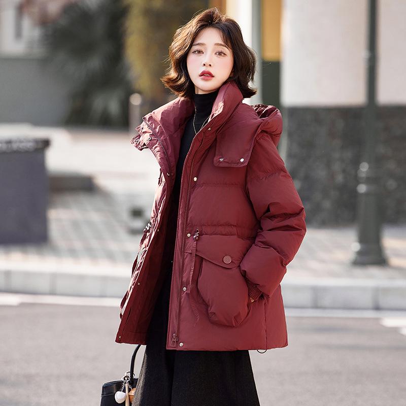 2024 Red & White Plus Size Mid-Length Duck Down Coat - Thickened, Warm, Loose Fit