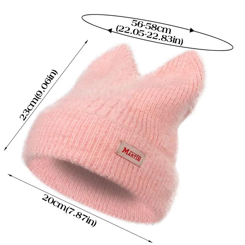 Cat Ears Warm Plush Knitted Beanies for Women Love Heart Embroidery Ear Warmer Cap Solid Color Windproof Pullover Hat Bonnet