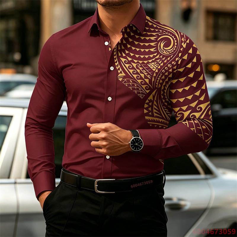 2026 New Men's Long-Sleeve Shirt, Fashionable Pattern Print, Slim Fit, European Size Business Casual Men's Top