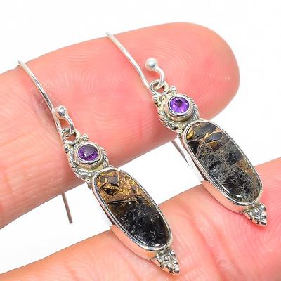 Natural Copper Turquoise,Amethyst 925 Solid Sterling Silver Earring 1.75" Q2B03