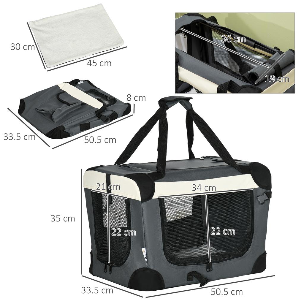 51cm Foldable Pet Carrier, with Cushion, for Mini Dogs and Cats - Grey
