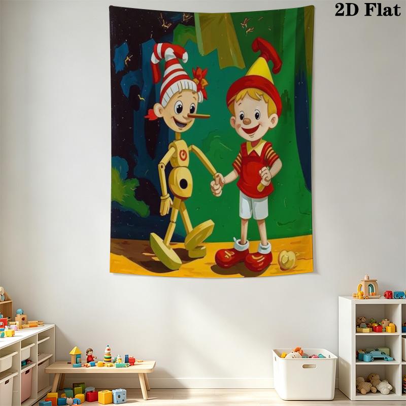 Pinocchio Fairy Tale Tapestry, Two Puppet Friends Print Wall Hanging Tapestry for Bedroom Living Room Background Decor