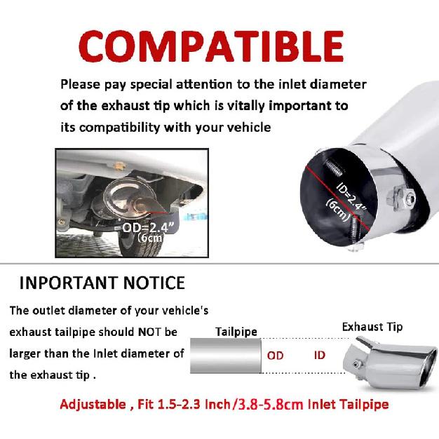 1.5-2.25 Inch(3.81cm-5.7cm) Adjustable Inlet Exhaust Tips, Bolt-On Design Chrome Plated Stainless Steel Exhaust Tailpipe Tips
