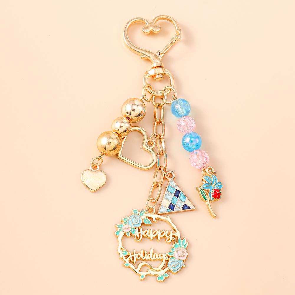 Cute Enamel Flower Butterfly Keychain Women Girls Beads Pearl Key Ring Pendants for Handbag Decor DIY Handmade Jewelry Gifts