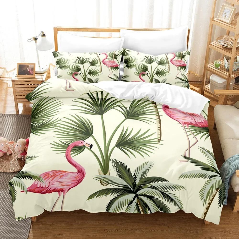 Flamingo Duvet Cover King/Queen Size Green Tropical Leaves Decor Bedding Set Palm Tree Flower Soft 2/3pcs Polyester Quilt Cover
