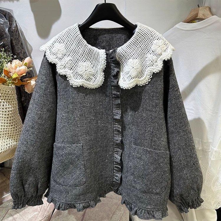 

2025 Winter Women s Wool Coat with Lace Doll Collar - Grey, Cotton-Padded, Thickened for Warmth S 40-50kg