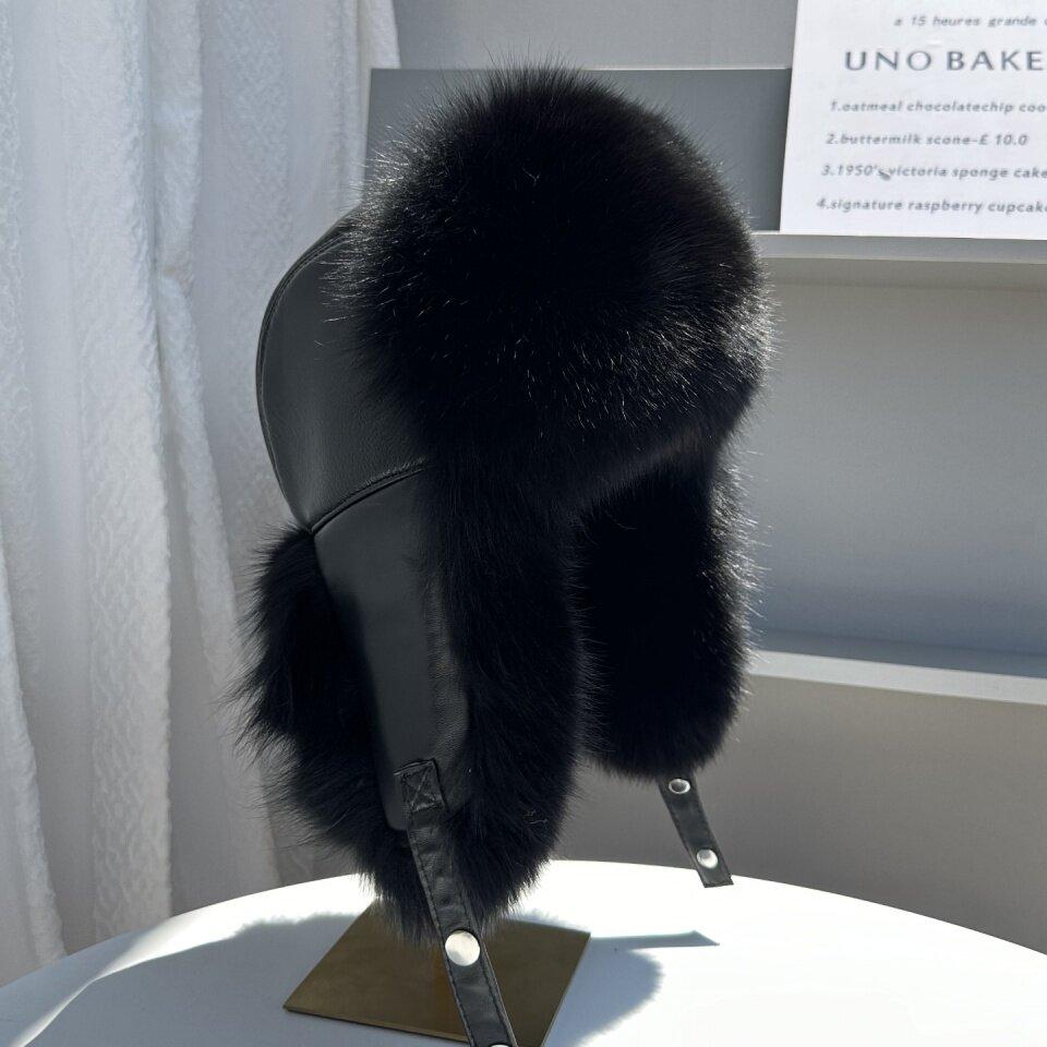 New Winter Men's 100% Real Silver Fox Fur Bomber Hat Raccoon Fur Ushanka Cap Trapper Russian Man Ski Hats Caps Real Leather