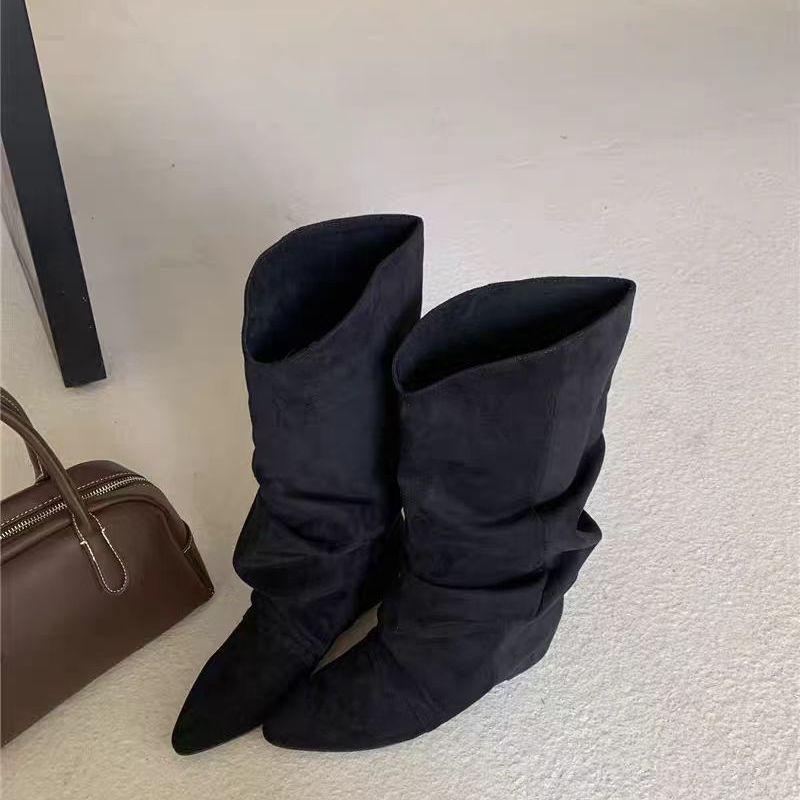 

Издание из овчины~ Высококлассные свободные высокие рыцарские сапоги Модные универсальные остроносые женские плиссированные сапоги на меху 40 чёрный