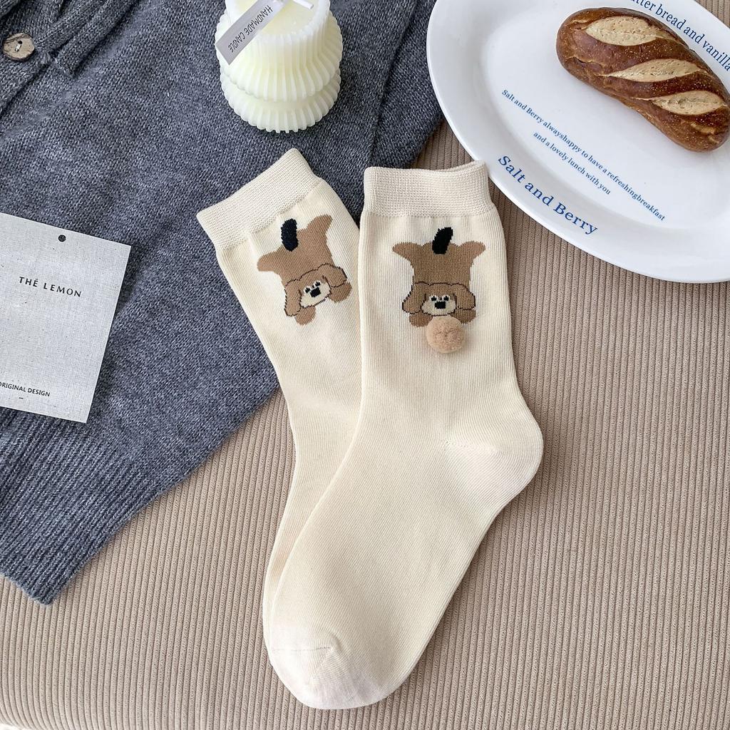 Socks, Medium Tube, Spring And Autumn Hairballs, Cartoon Dog Boneless Socks, Sweat-Absorbing, Breathable, Simple And Versatile, Cute Cotton Socks