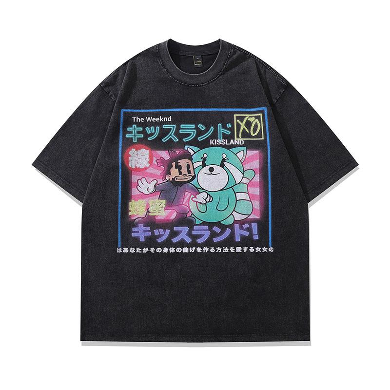 T-shirt a maniche corte lavata effetto invecchiato, stampa a iniezione diretta, ritratto spoof retrò americano, taglia oversize da uomo e da donna, manica a metà