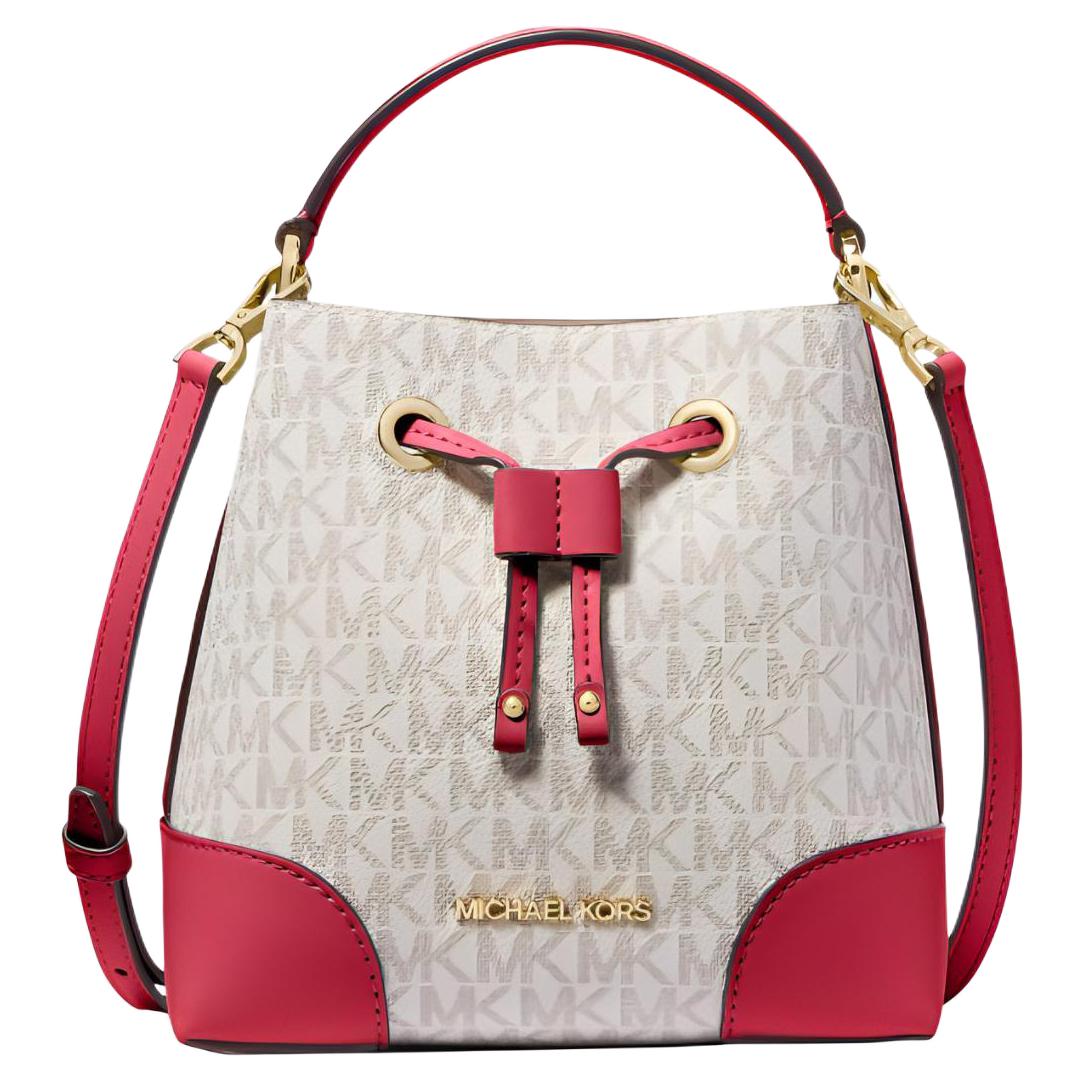 

Michael Kors MK Mercer 18 Classic Monogram Drawstring Shoulder Crossbody Canvas Tote Bag Small Women handbags White Red 35F2GM9M1B-PINKMULTI Basic Set (Bag+Dust Bag)