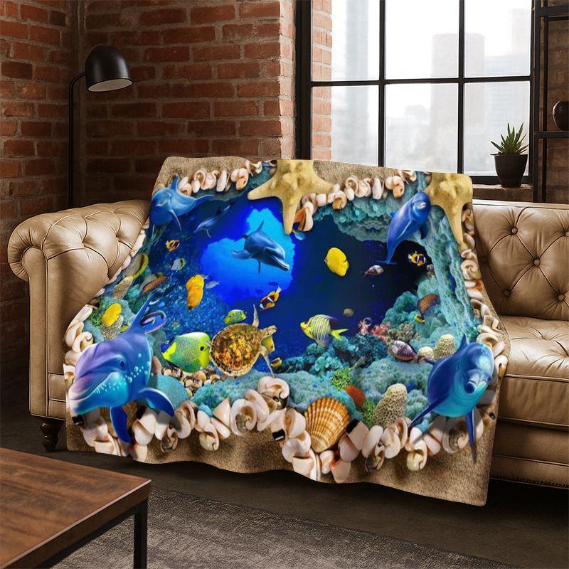 3D Illusion Underwater World Marine Life Shark Dolphin Cartoon Flannel Blanket Throw Blanket for Bedroom Living Room Bed Travel