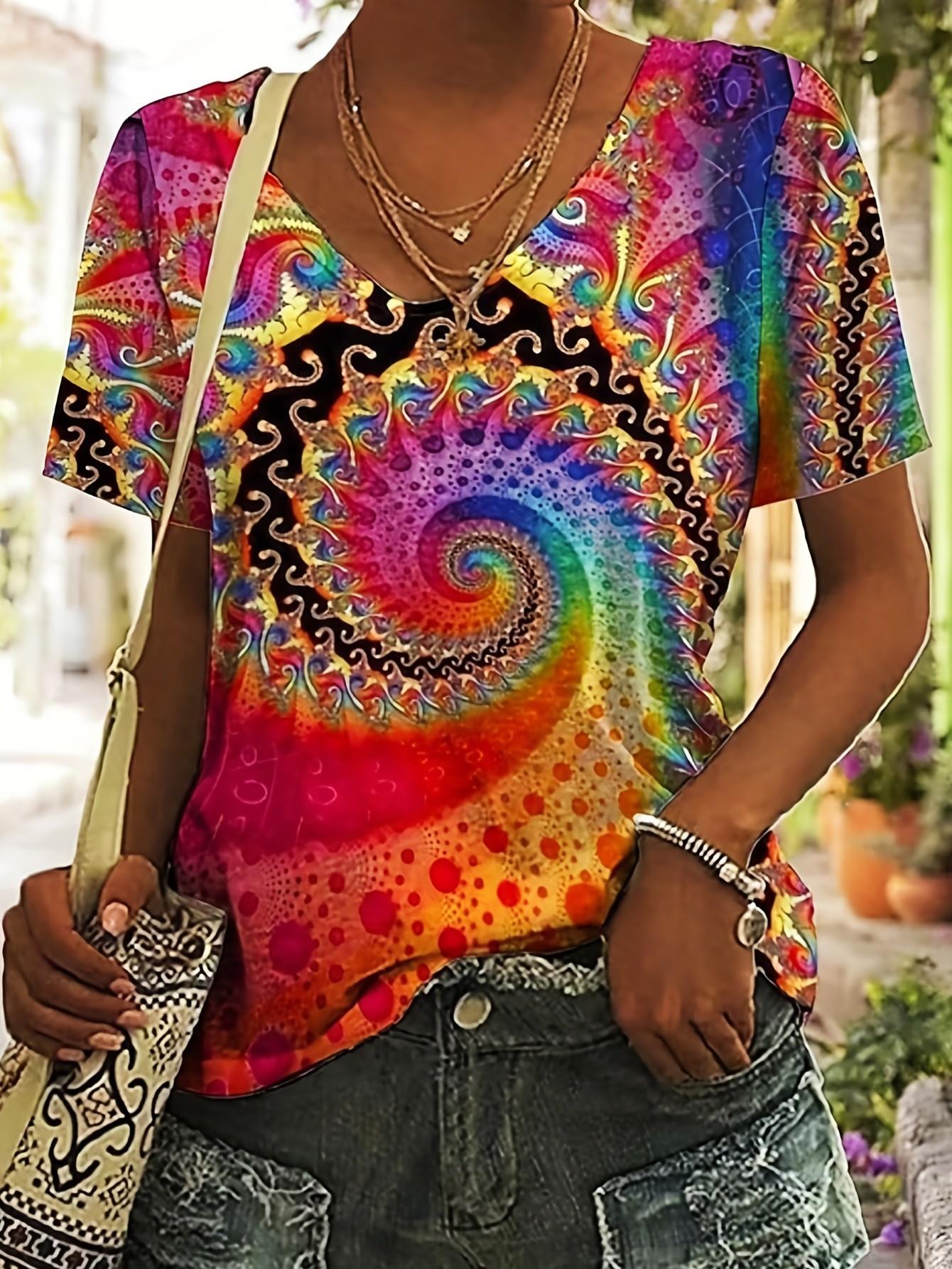 

Модная футболка с V-образным вырезом и цветочным принтом - Легкий и дышащий топ с коротким рукавом Повседневная одежда Распродажа женской одежды S