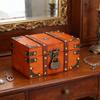 Wooden Treasure Chest Box Vintage Decorative Antique Wood Jewelry Box with Lock Hinged Lid Small Size