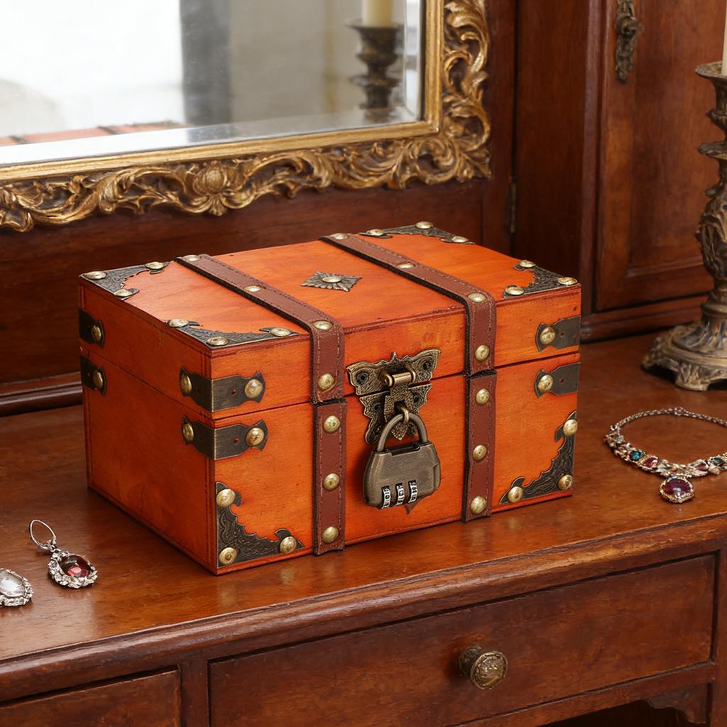 Wooden Treasure Chest Box Vintage Decorative Antique Wood Jewelry Box with Lock Hinged Lid Small Size