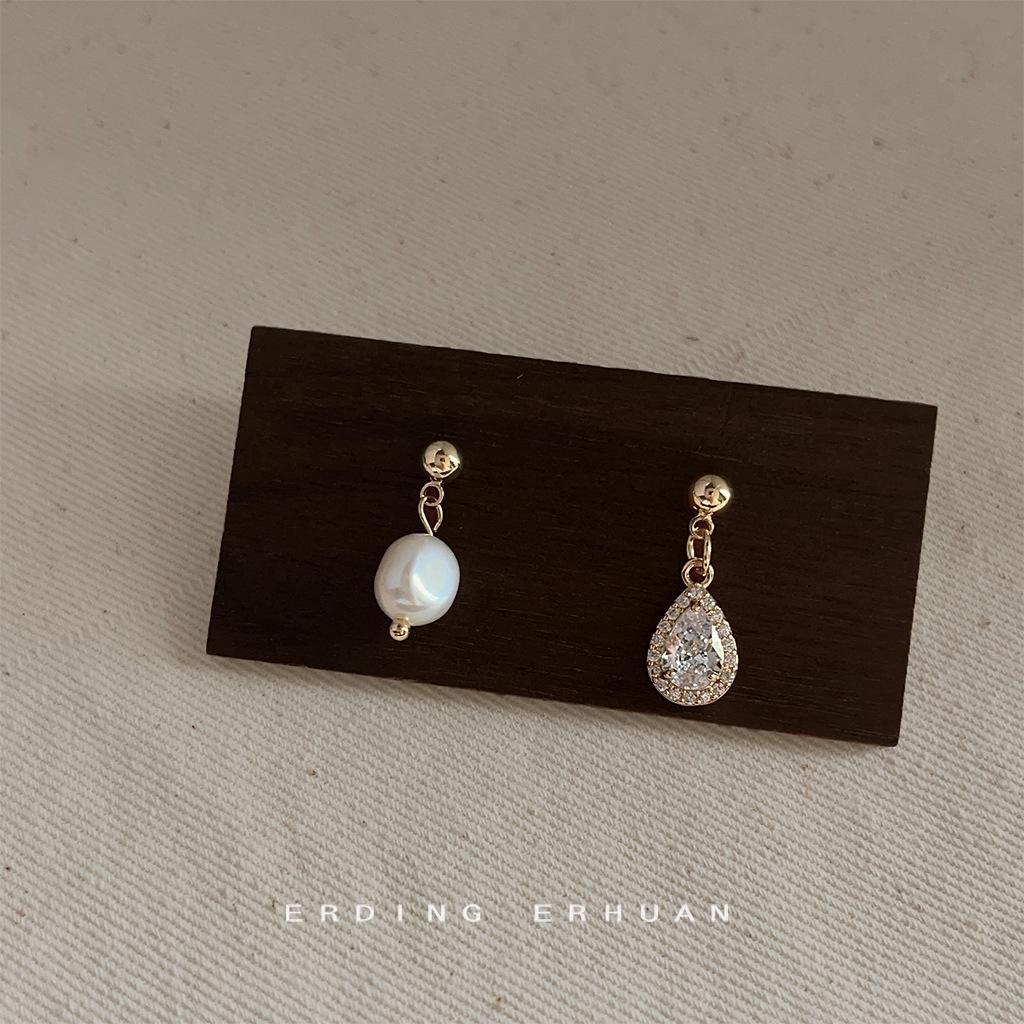 French freshwater pearl earrings asymmetrical design sense elegant micro zircon water drop commuter ear jewelry