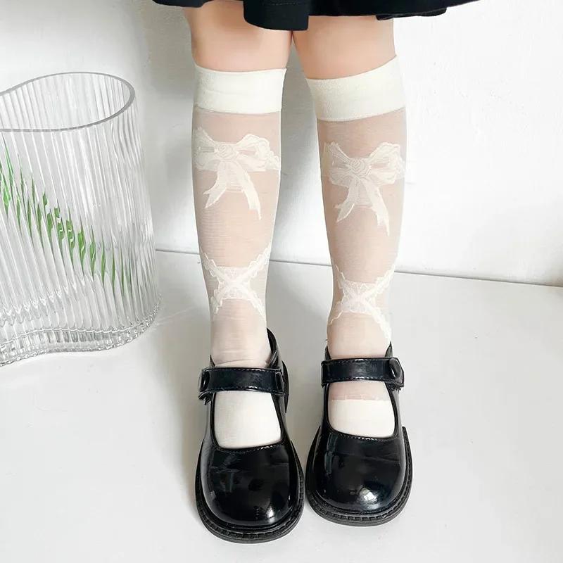 1 Pair Sweet Kids Girls Calf Sock Fashion Bowknot Heart Style Knee High Sock for Toddler Summer Thin Soft Elastic Sock One Size