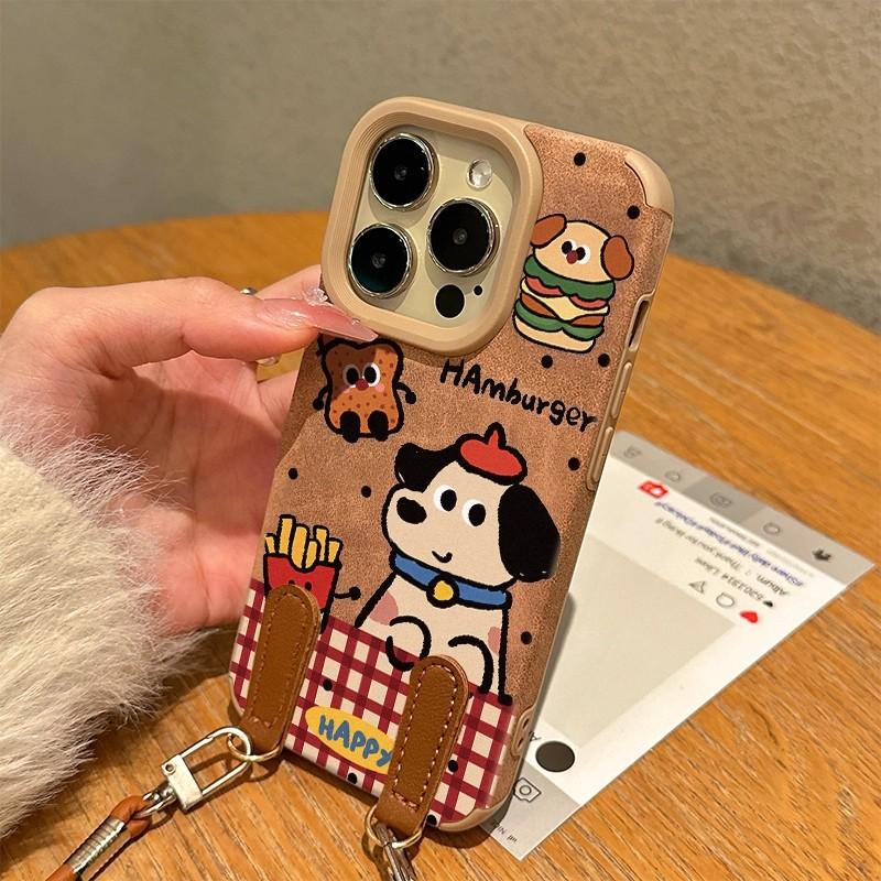 Hamburger French Fries Plaid Puppy Suede Autumn and Winter Women's Lanyard for Apple 17Promax/Air Mobile Phone Case