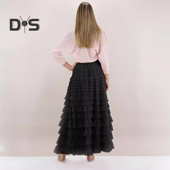 Dámská dortová sukně Jednobarevná sukně středního pasu Dlouhá sukně s elastickým pasem Síťovaný lem A-linii Maxi sukně pro každodenní nošení