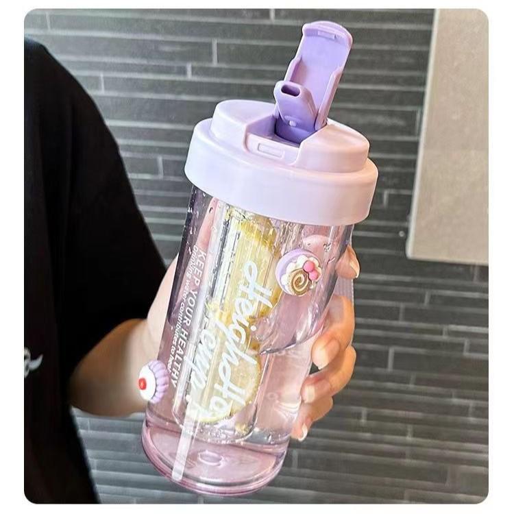 Water Bottle Summer High Value Lily of the Valley Plastic Cup Double Drink Coffee Cup Car Large Capacity Drop Resistant Handle Cup Straw Water Cup