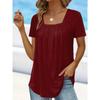 Women Square Neck Short Sleeve Blouse With Pleated Front And Curved Hem Casual Multi Color Summer Top