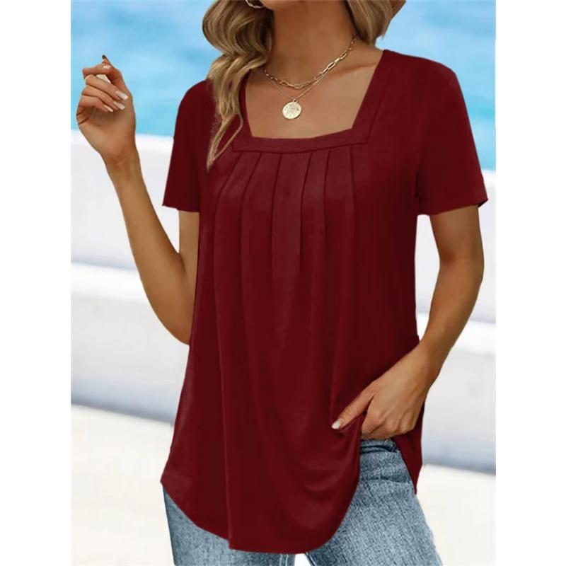 Women Square Neck Short Sleeve Blouse With Pleated Front And Curved Hem Casual Multi Color Summer Top