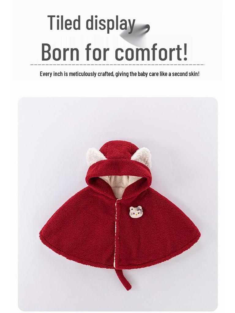 Dziecięcy Dziewczęcy Czerwony Zimowy Płaszcz Peleryna z Kapturem - Podszyty Polarem, Wiatroodporny