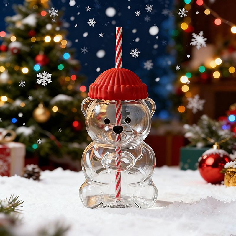 Cartoon-Bär Kaffeetasse Transparente Borosilikat Kälte- und Hitzebeständige Glas Kreative Weihnachts-Strohhalmbecher