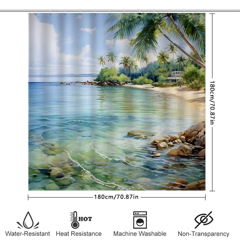 Seaside Retreat: Waterproof Shower Curtain With Tropical Island Scene 180 X 240Cm