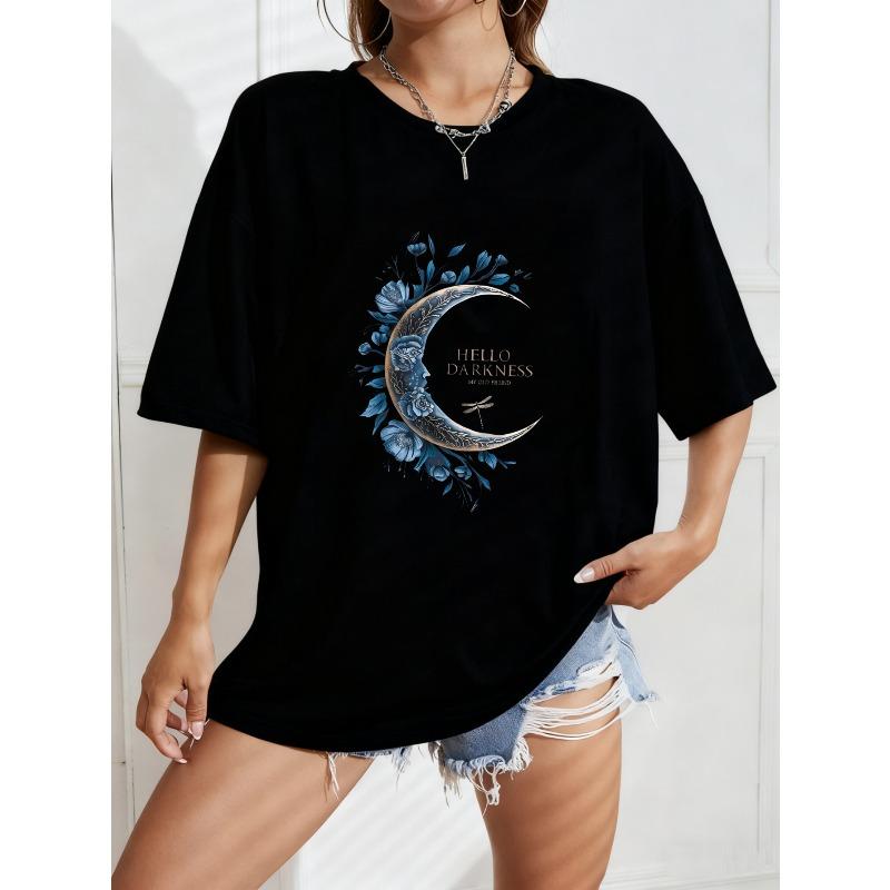 

Oversized T-Shirt with Blue Floral Crescent Moon Print HELLO DARKNESS Artistic Dark Aesthetic Top S