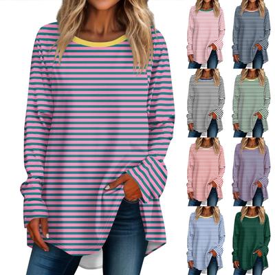 Damen Oversized Gestreiftes Farbblock-Langarmshirt Rundhalspullover Gestreiftes T-Shirt Top Pullover