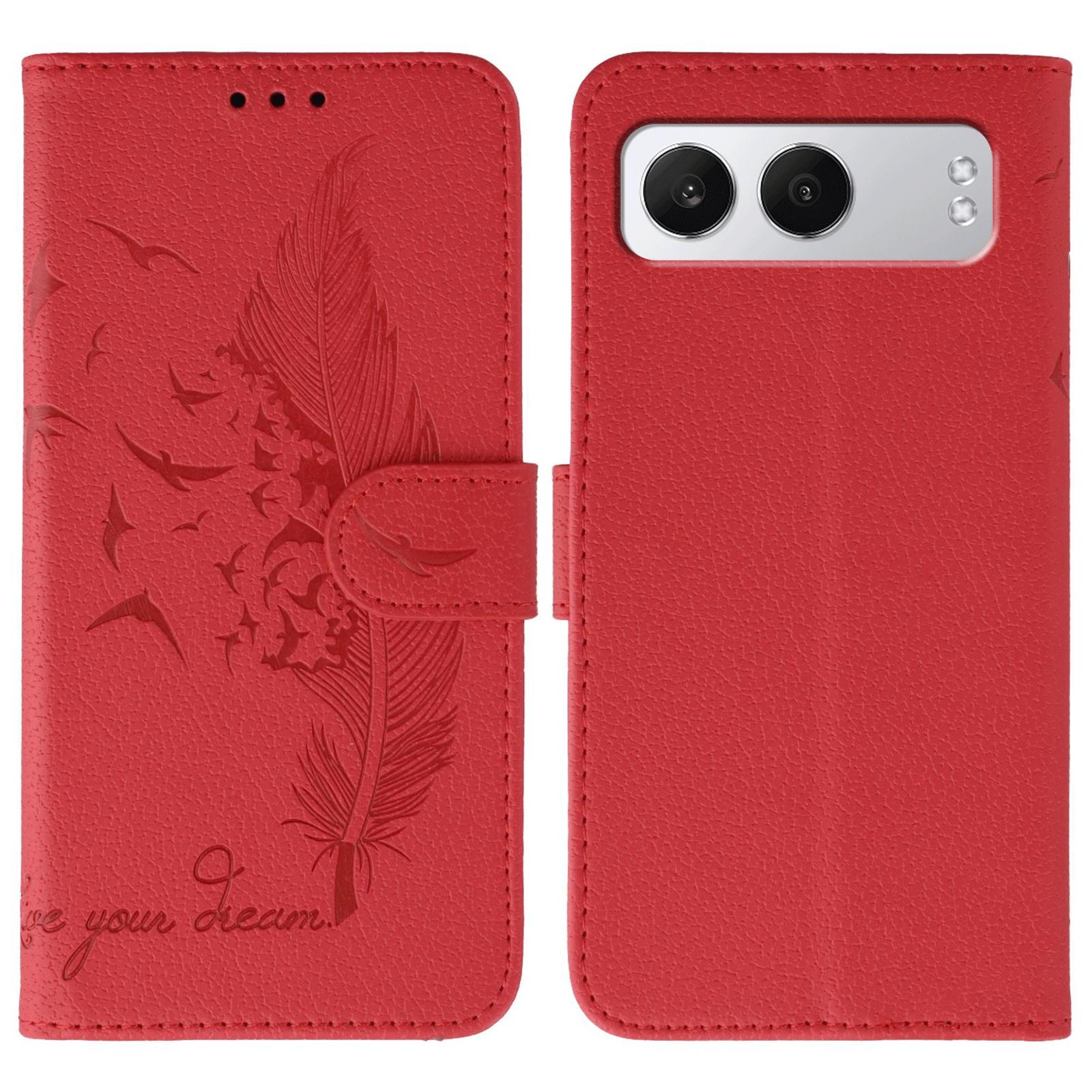 

For OnePlus Nord 4 Case Feather Imprint PU Leather Wallet Phone Cover Red