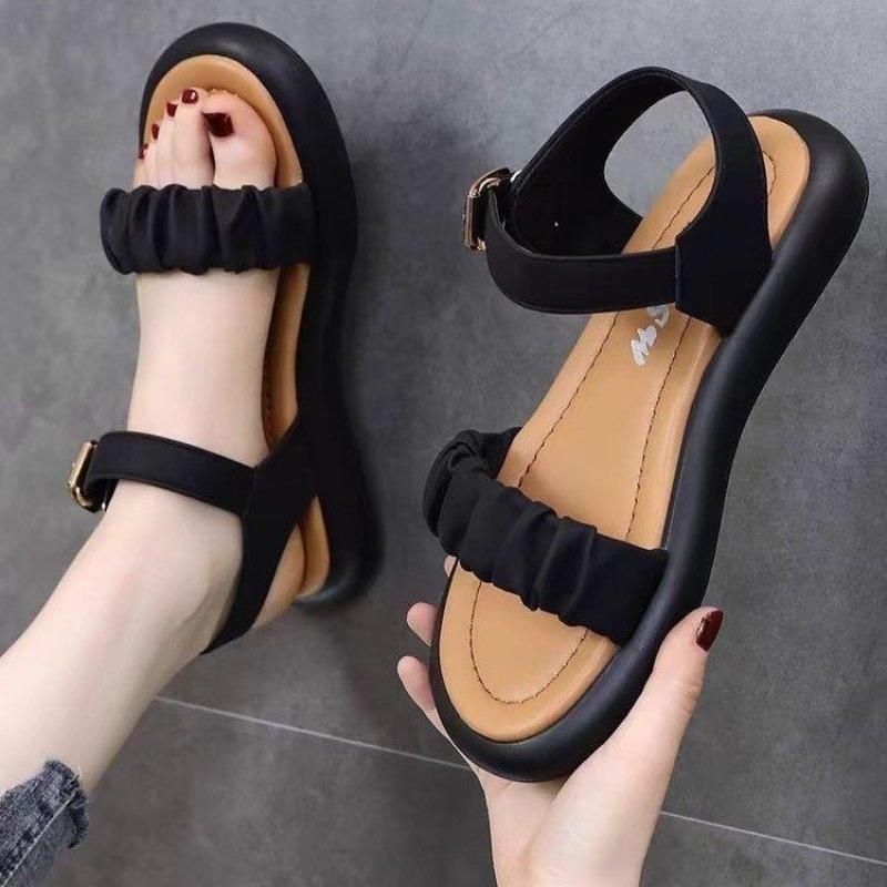 One-word buckle sandals women's non-slip flat bottom summer new versatile soft-soled open-toed thin beach shoes maternity shoes