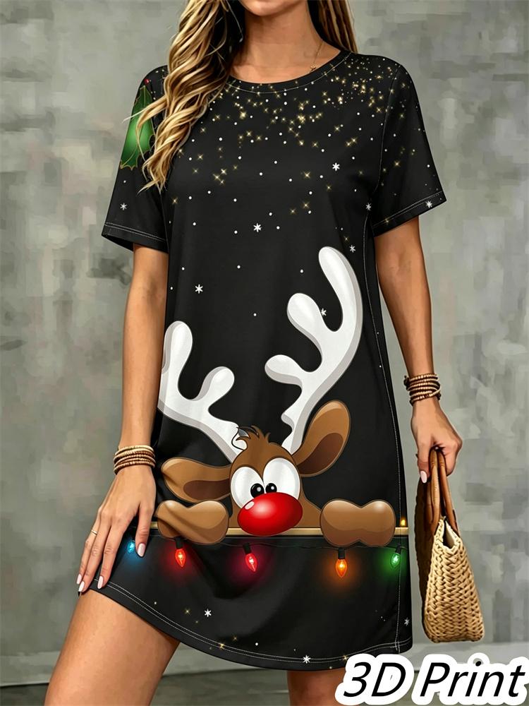 Fashion 3D Print Summer Dress Loose Casual Short Sleeve O-Neck Mini Dress