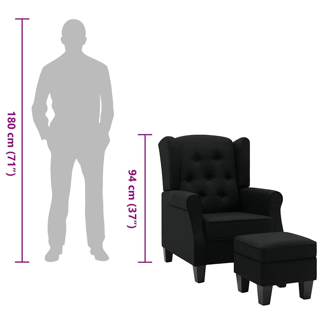 Armchair with Footstool Black Fabric