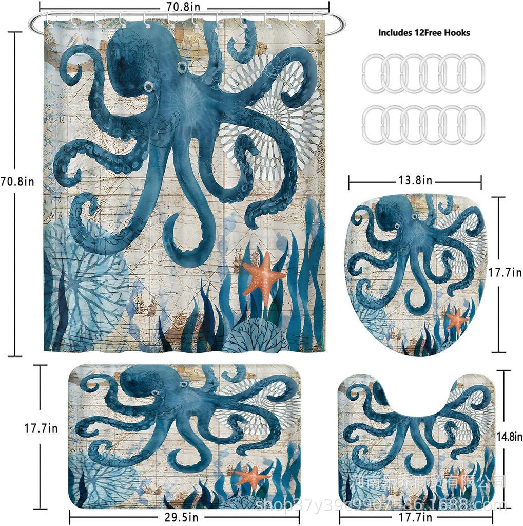 Cyan Giant Octopus Shower Curtain Set – Moisture & Mildew-Proof, No-Punch Installation, 4 Pieces