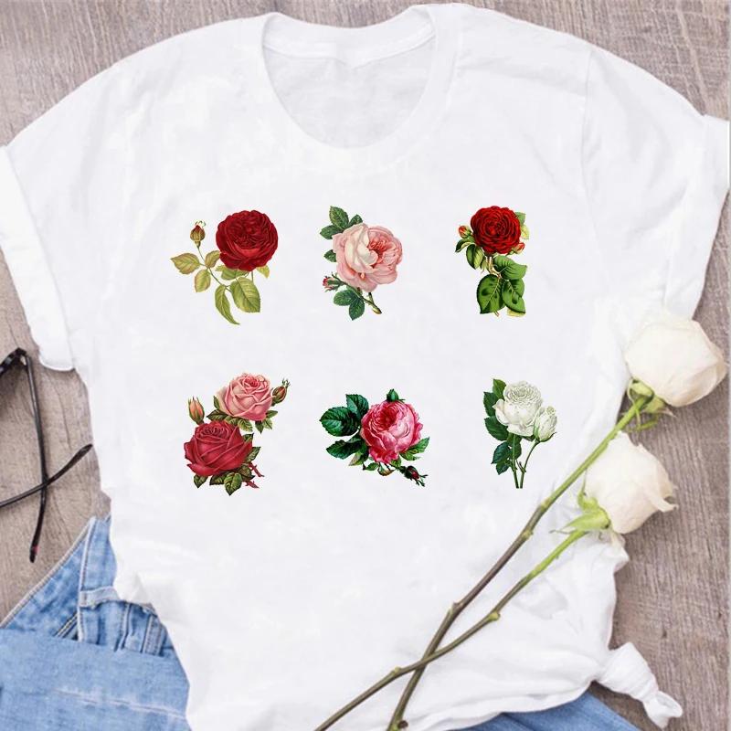 Red Rose Print Women T Shirt Summershort Sleeved Round Neck Harajuku Korean Style Graphic Tops Kawaii Female T-shirt Tops