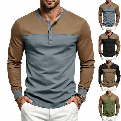 Men's Loose Fit Long Sleeve Shirt with Color Block Button Placket Casual Commute Top