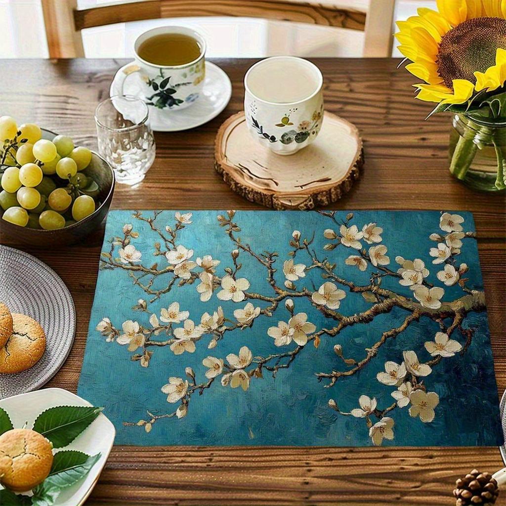 4/6pcs Almond Flower Green Pattern Placemats, Heat-Resistant Table Mats, Durable and Easy-to-Clean Dining Table Protectors, Perfect for Kitchen and