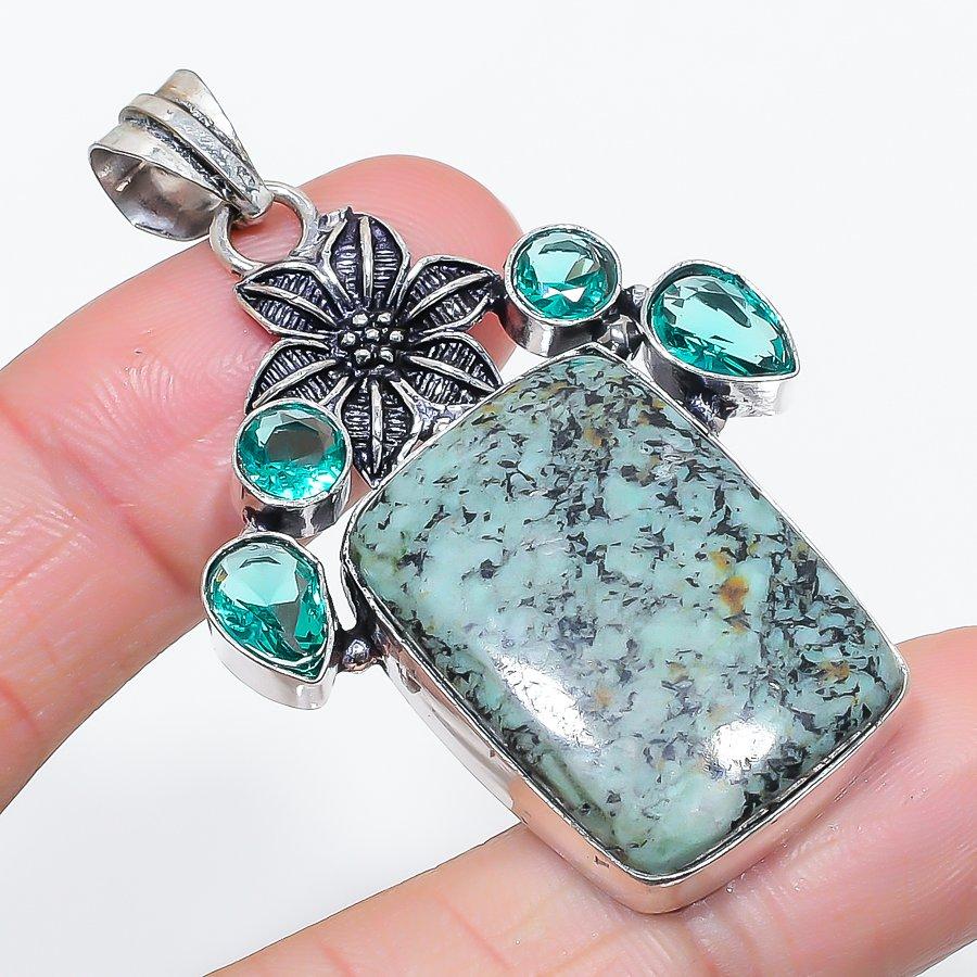 Natural Tibetan Turquoise, Topaz 925 Sterling Silver Jewelry Pendant 2.25" M0V78