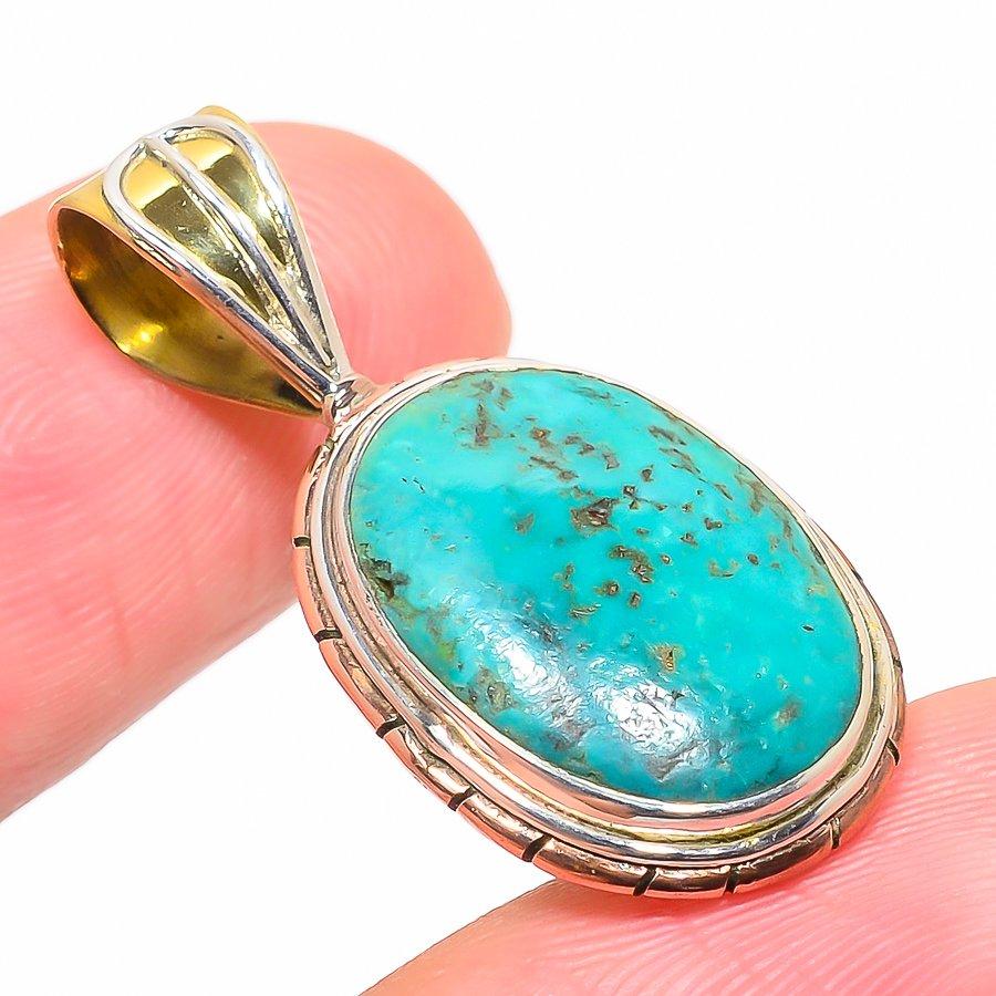Colgante de Turquesa Tibetana Natural Bicolor Plata de Ley Sólida 925 1.25'' K2D91