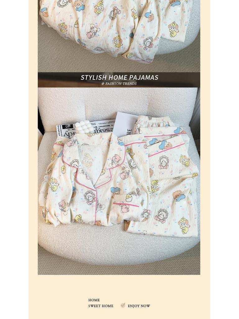 Japanese-Style Cute Cat Print Cotton Pajamas for Women, Long-Sleeved Home Set for Spring & Autumn