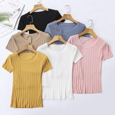 Summer Women's T-shirt Knit Short Sleeve Pullover Knit T-shirt Round Neck Tight Top