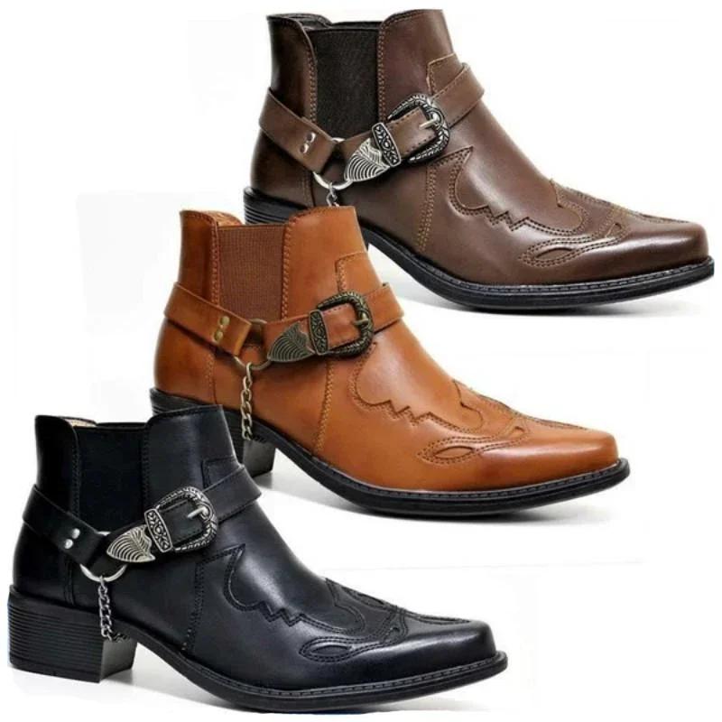 Fashion Men's Vintage Cowboy Boots Leather High Top Chain Buckle Strap Punk Shoes Pointed Toe Biker Boots Men